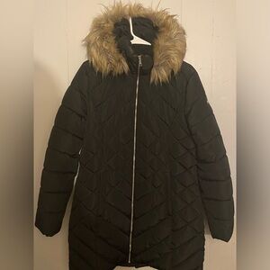 Laundry By Shelli Segal Womens Jacket Small Black Faux Fur Trim Puffer Coat